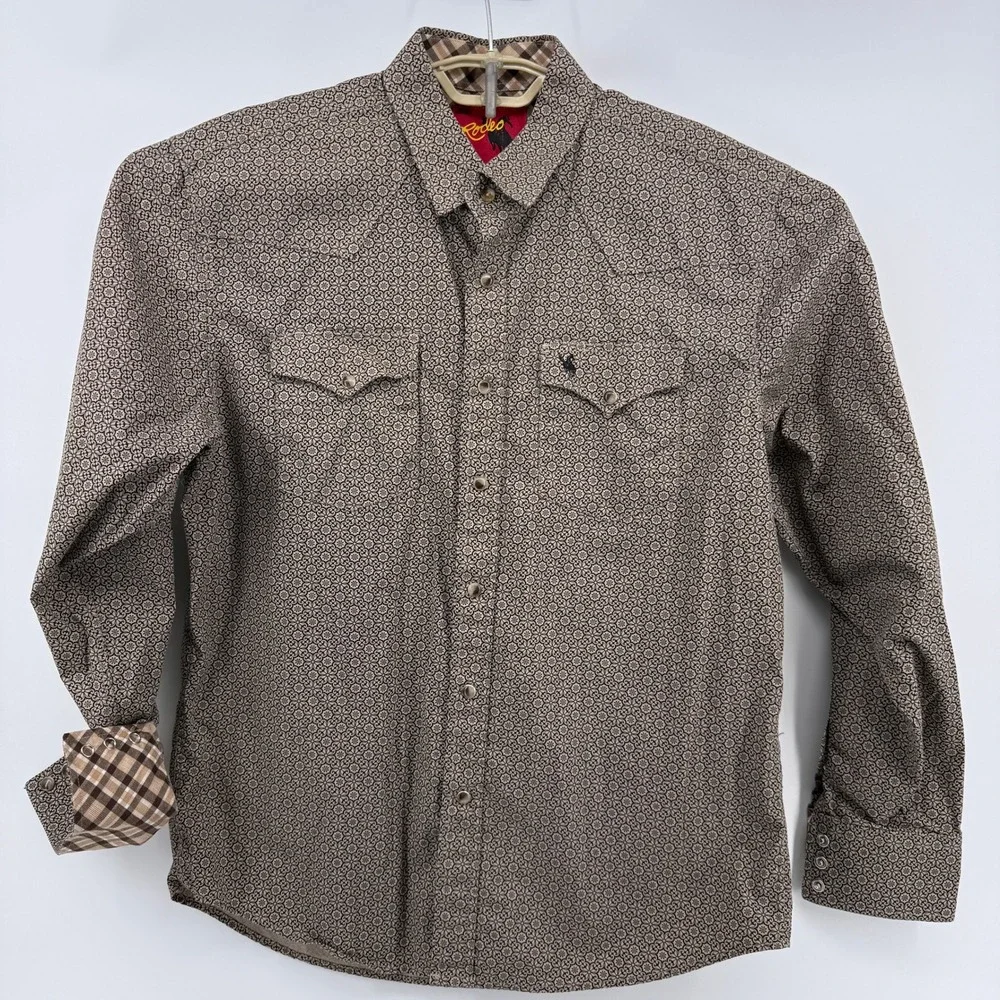 Rodeo Clothing Co Western Snap Shirt Mens L Tan Black Floral Medallion Print